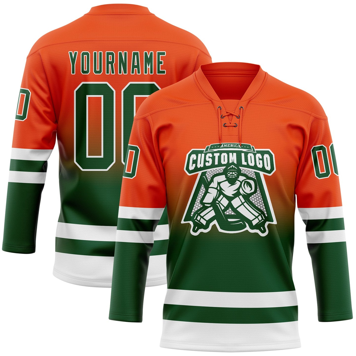 Custom Orange Green-White Fade Fashion Hockey Lace Neck Jersey view 2