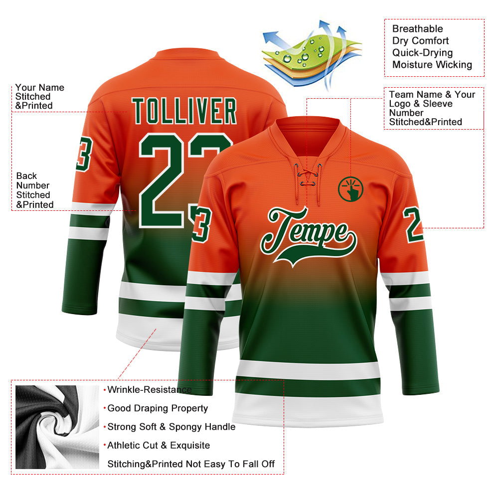 Custom Orange Green-White Fade Fashion Hockey Lace Neck Jersey view 5