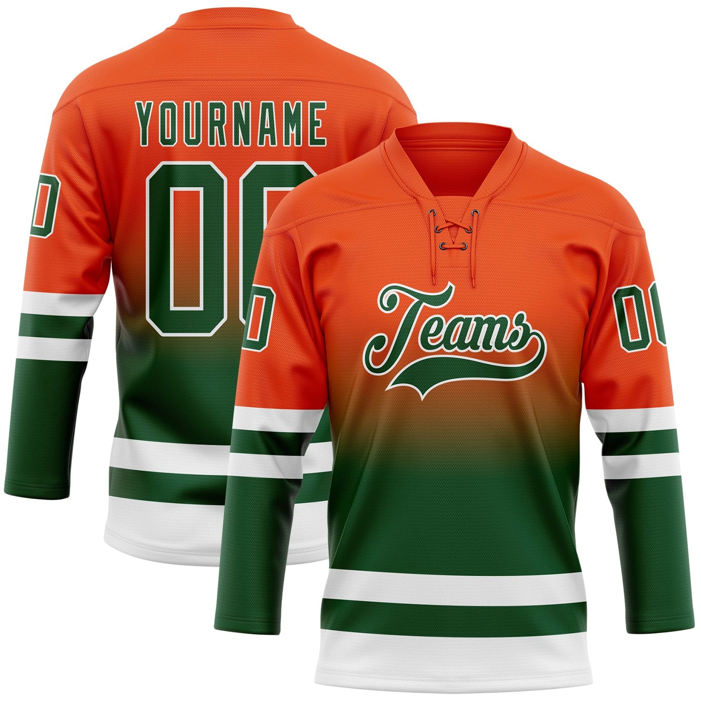 Custom Orange Green-White Fade Fashion Hockey Lace Neck Jersey - Main View