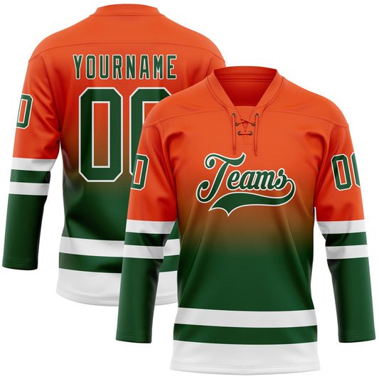 Custom Orange Green-White Fade Fashion Hockey Lace Neck Jersey - Main View