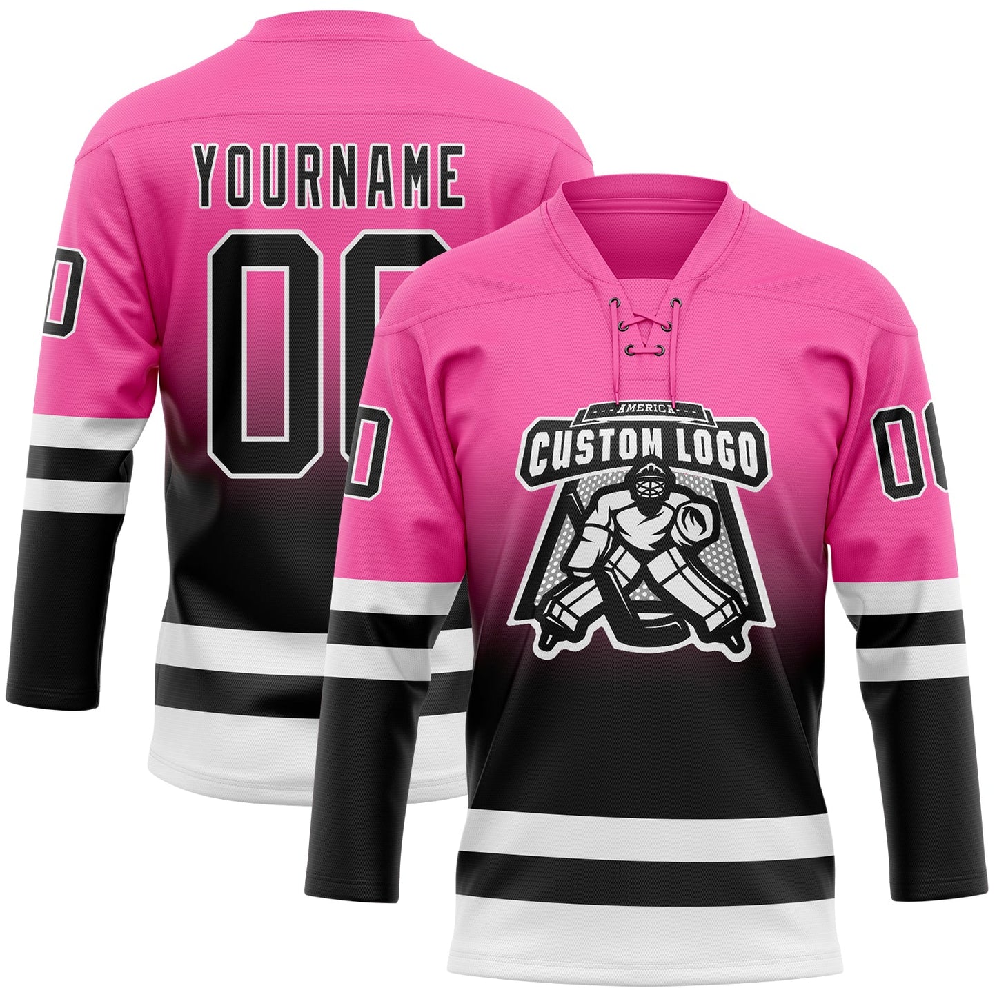 Custom Pink Black-White Fade Fashion Hockey Lace Neck Jersey view 2