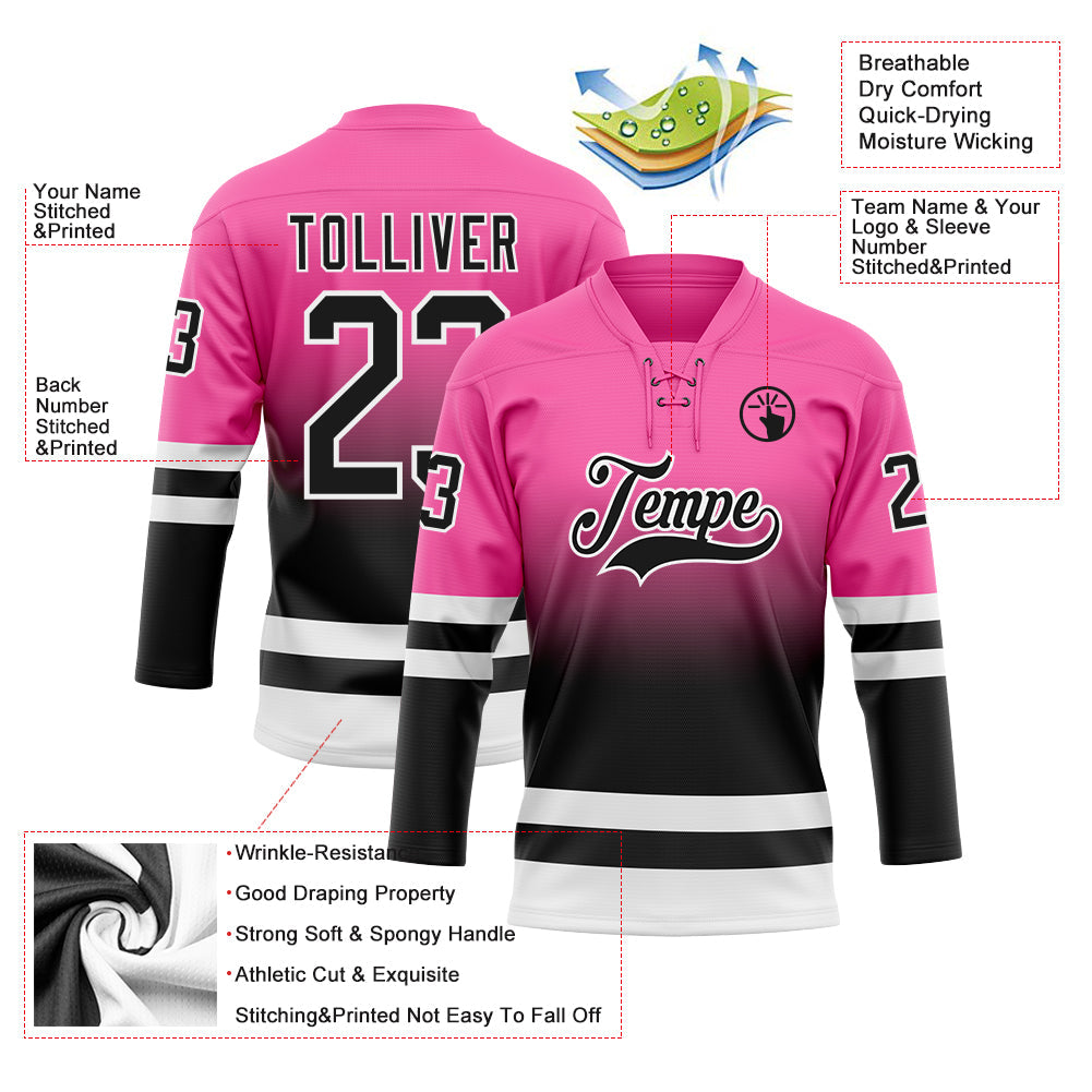 Custom Pink Black-White Fade Fashion Hockey Lace Neck Jersey view 5