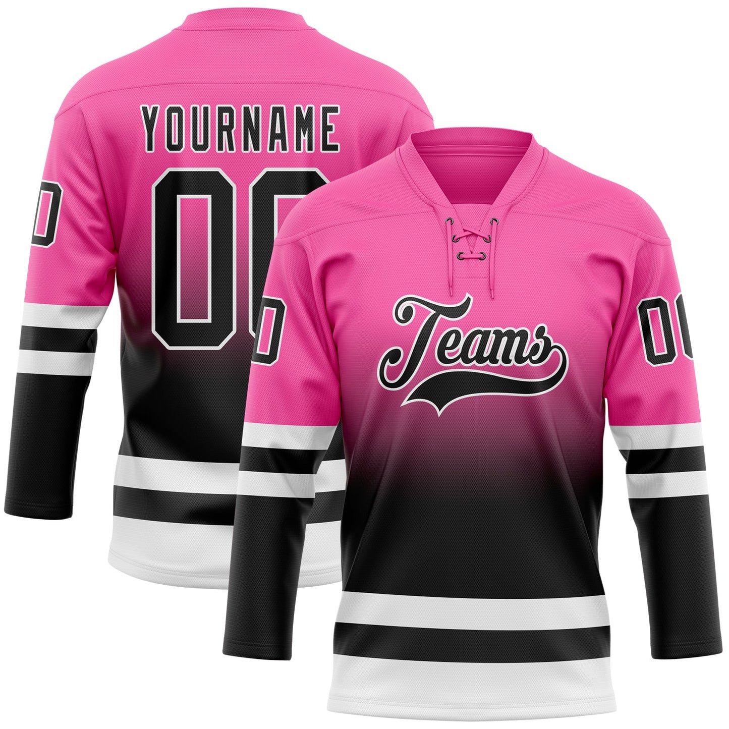Custom Pink Black-White Fade Fashion Hockey Lace Neck Jersey - Main View