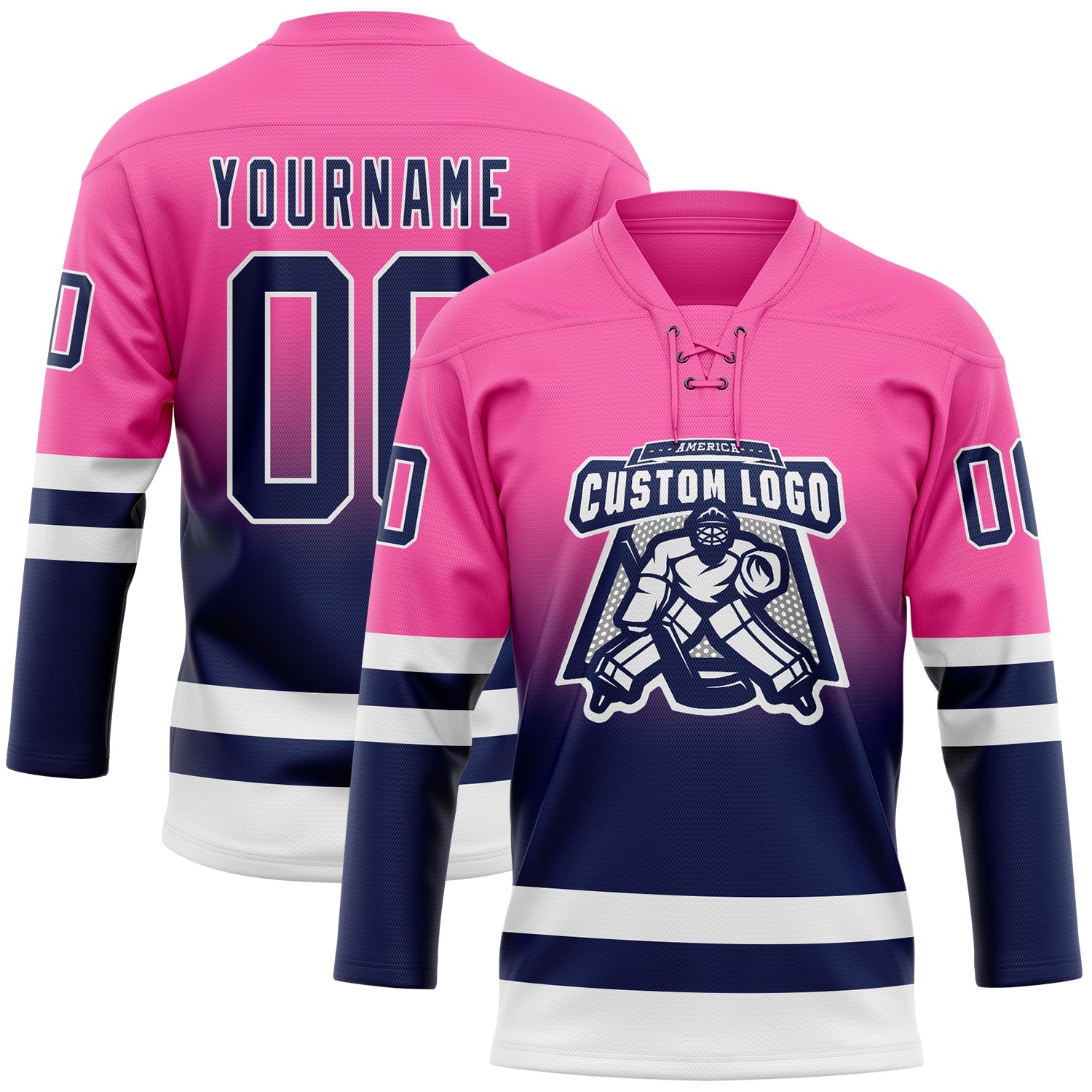 Custom Pink Navy-White Fade Fashion Hockey Lace Neck Jersey view 2