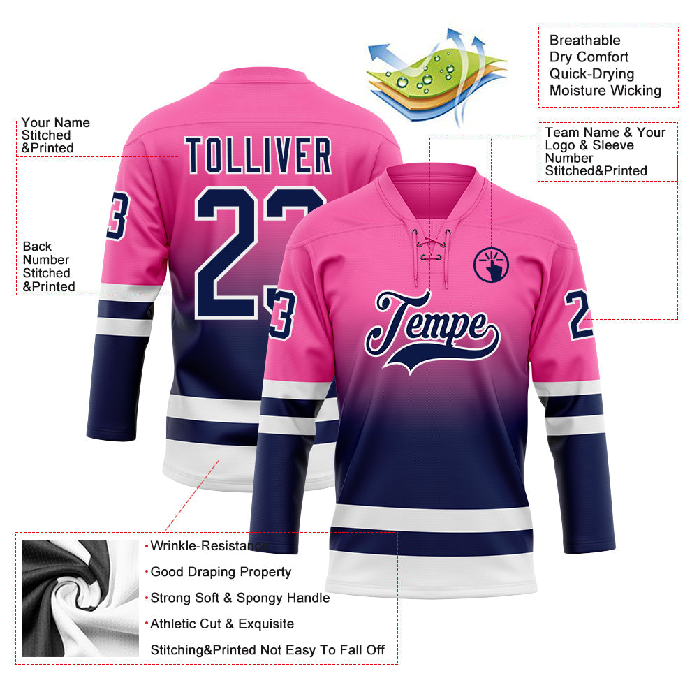 Custom Pink Navy-White Fade Fashion Hockey Lace Neck Jersey view 5