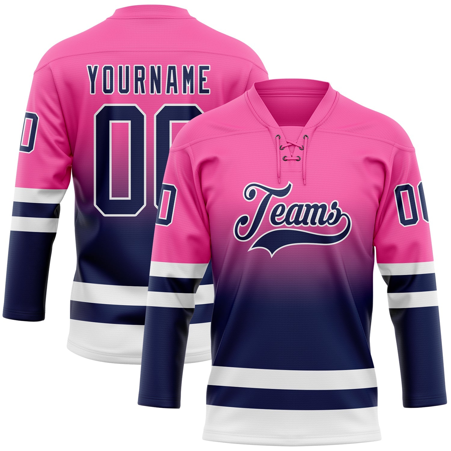 Custom Pink Navy-White Fade Fashion Hockey Lace Neck Jersey - Main View