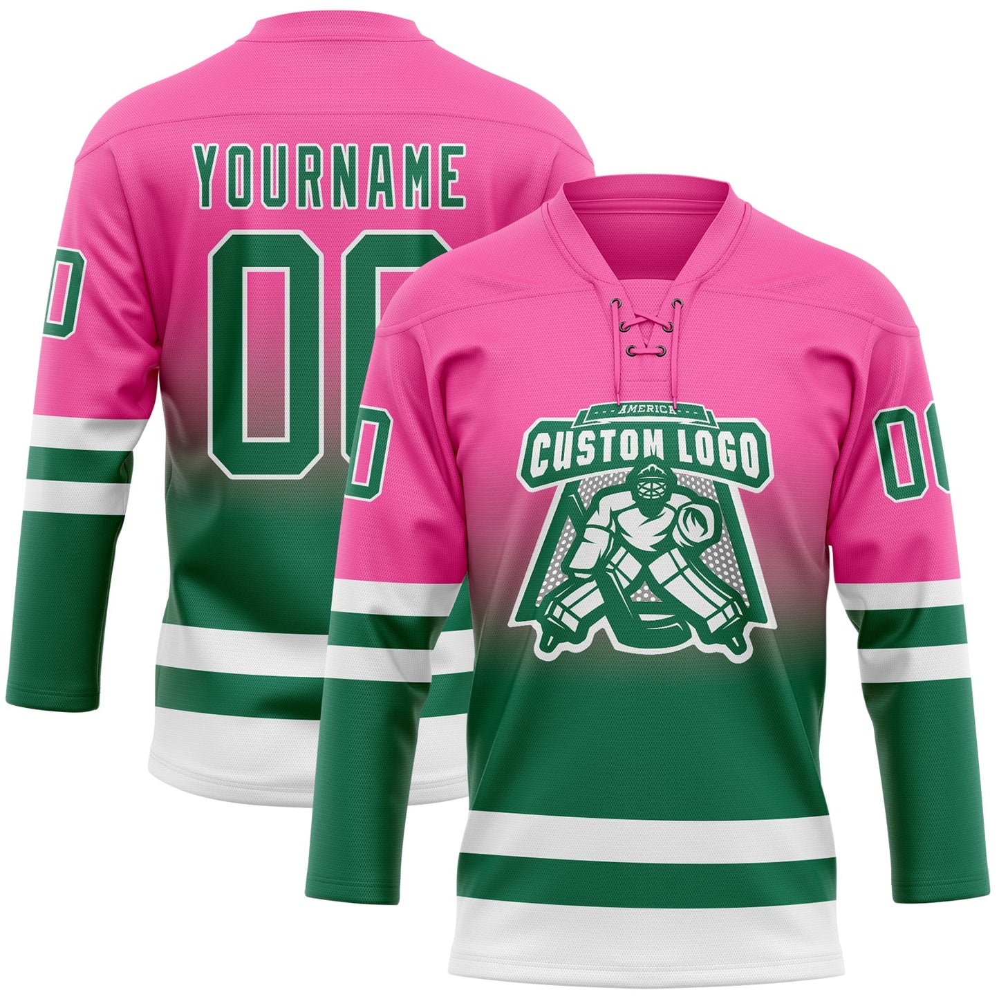 Custom Pink Kelly Green-White Fade Fashion Hockey Lace Neck Jersey view 2