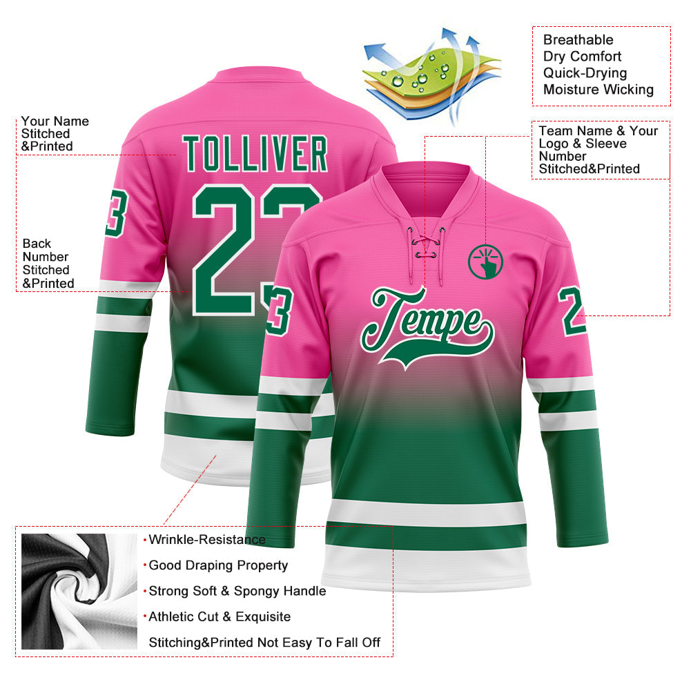 Custom Pink Kelly Green-White Fade Fashion Hockey Lace Neck Jersey view 5