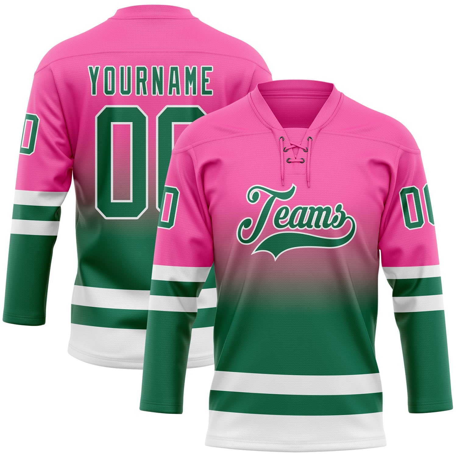 Custom Pink Kelly Green-White Fade Fashion Hockey Lace Neck Jersey - Main View