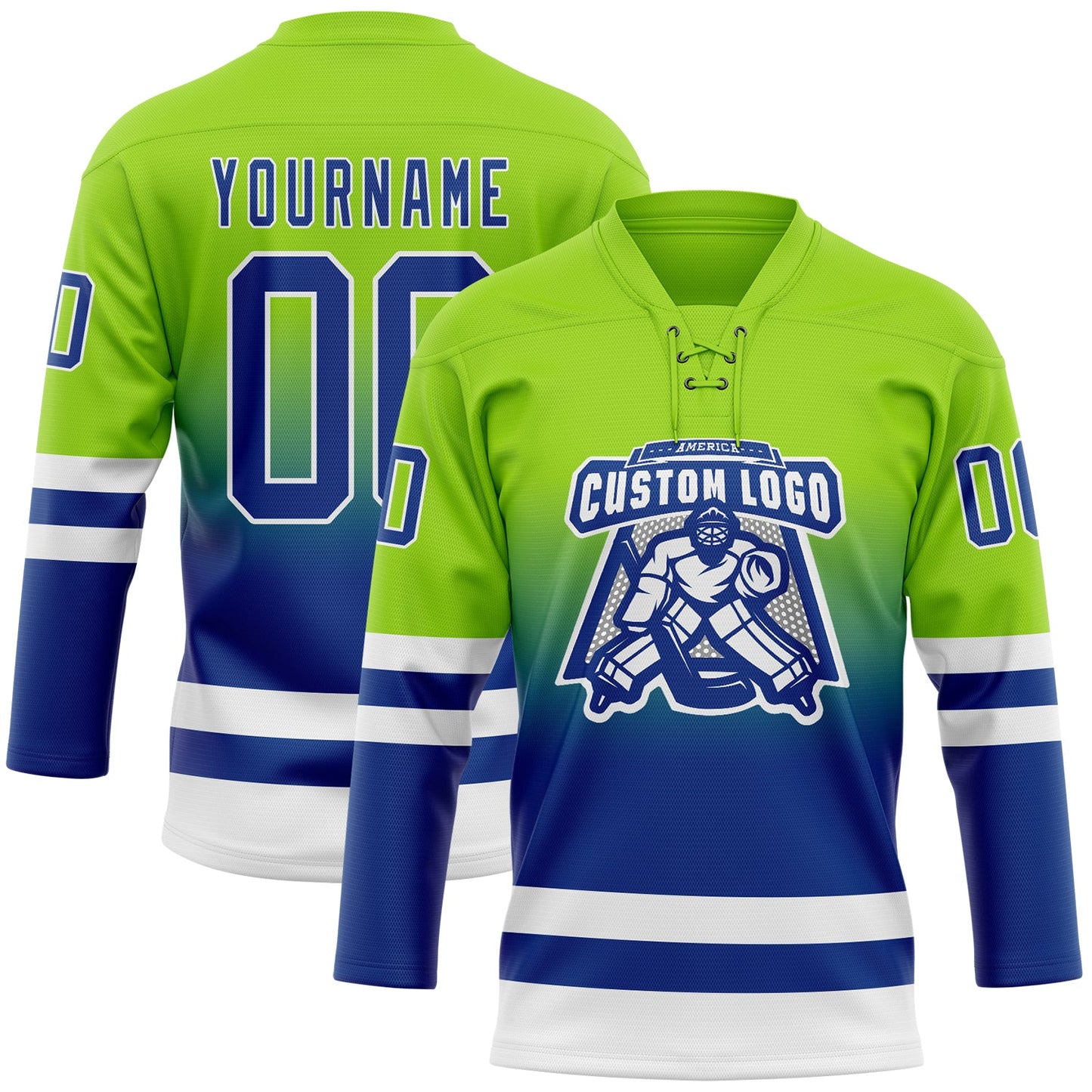 Custom Neon Green Royal-White Fade Fashion Hockey Lace Neck Jersey view 2