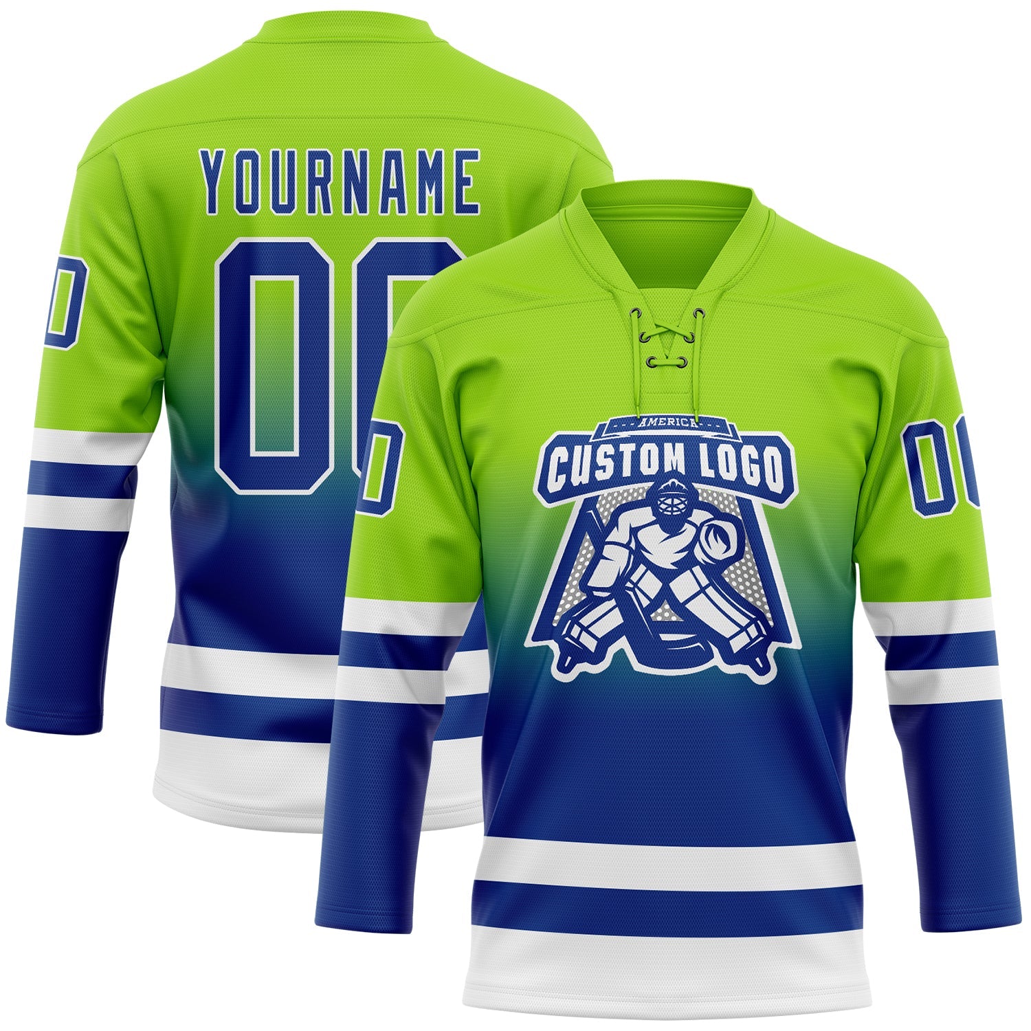 Custom Neon Green Royal-White Fade Fashion Hockey Lace Neck Jersey view 2