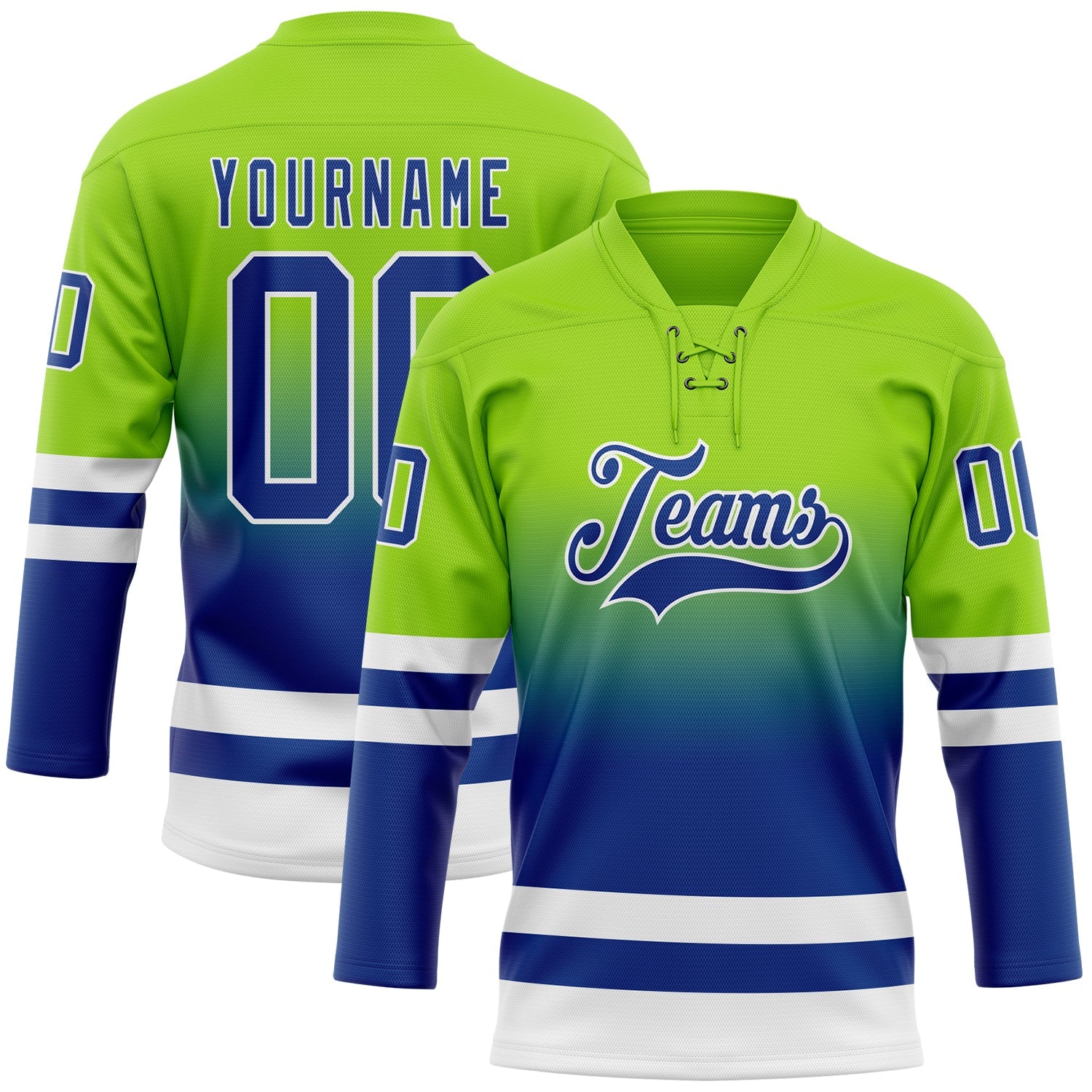 Custom Neon Green Royal-White Fade Fashion Hockey Lace Neck Jersey - Main View