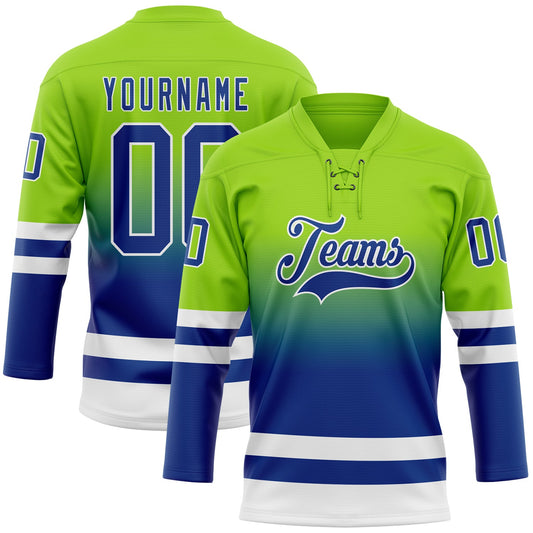 Custom Neon Green Royal-White Fade Fashion Hockey Lace Neck Jersey - Main View