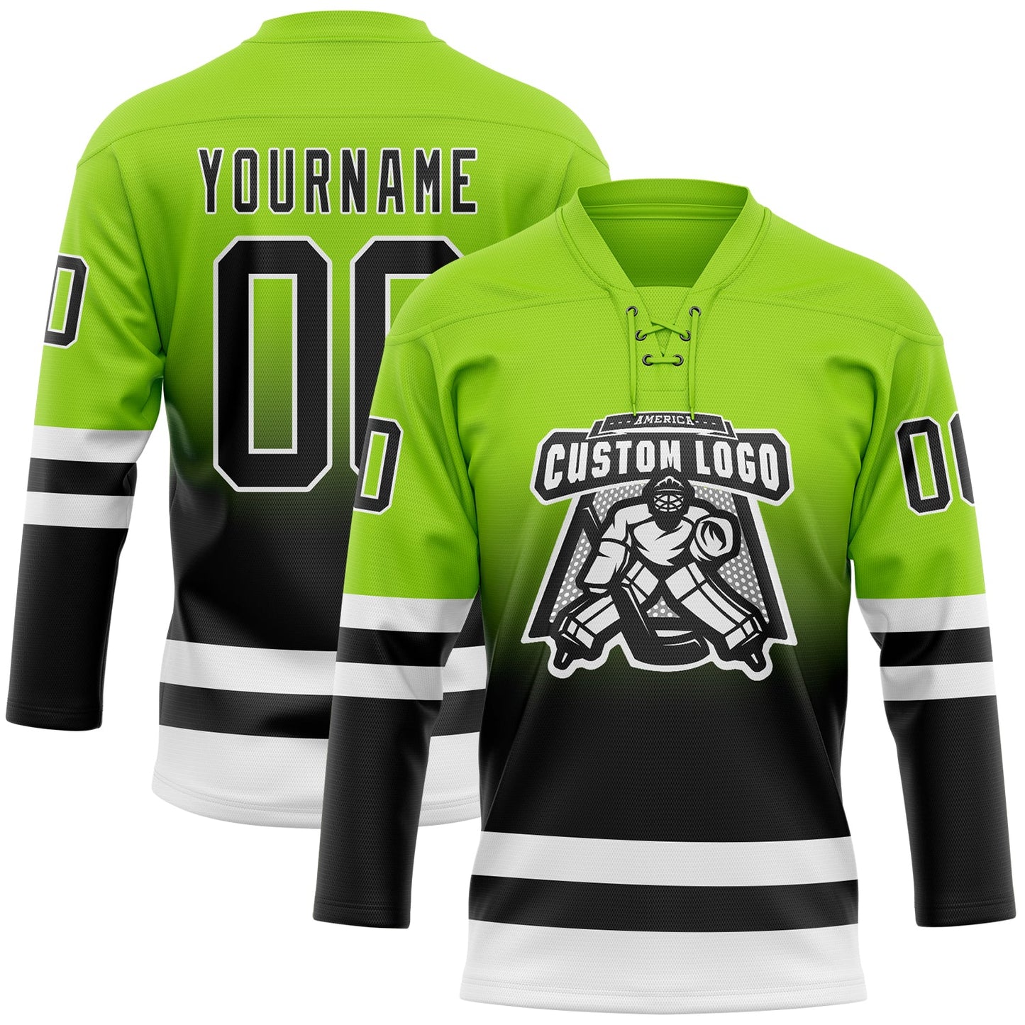 Custom Neon Green Black-White Fade Fashion Hockey Lace Neck Jersey view 2