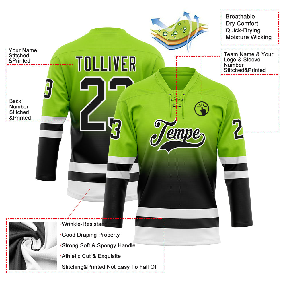 Custom Neon Green Black-White Fade Fashion Hockey Lace Neck Jersey view 5