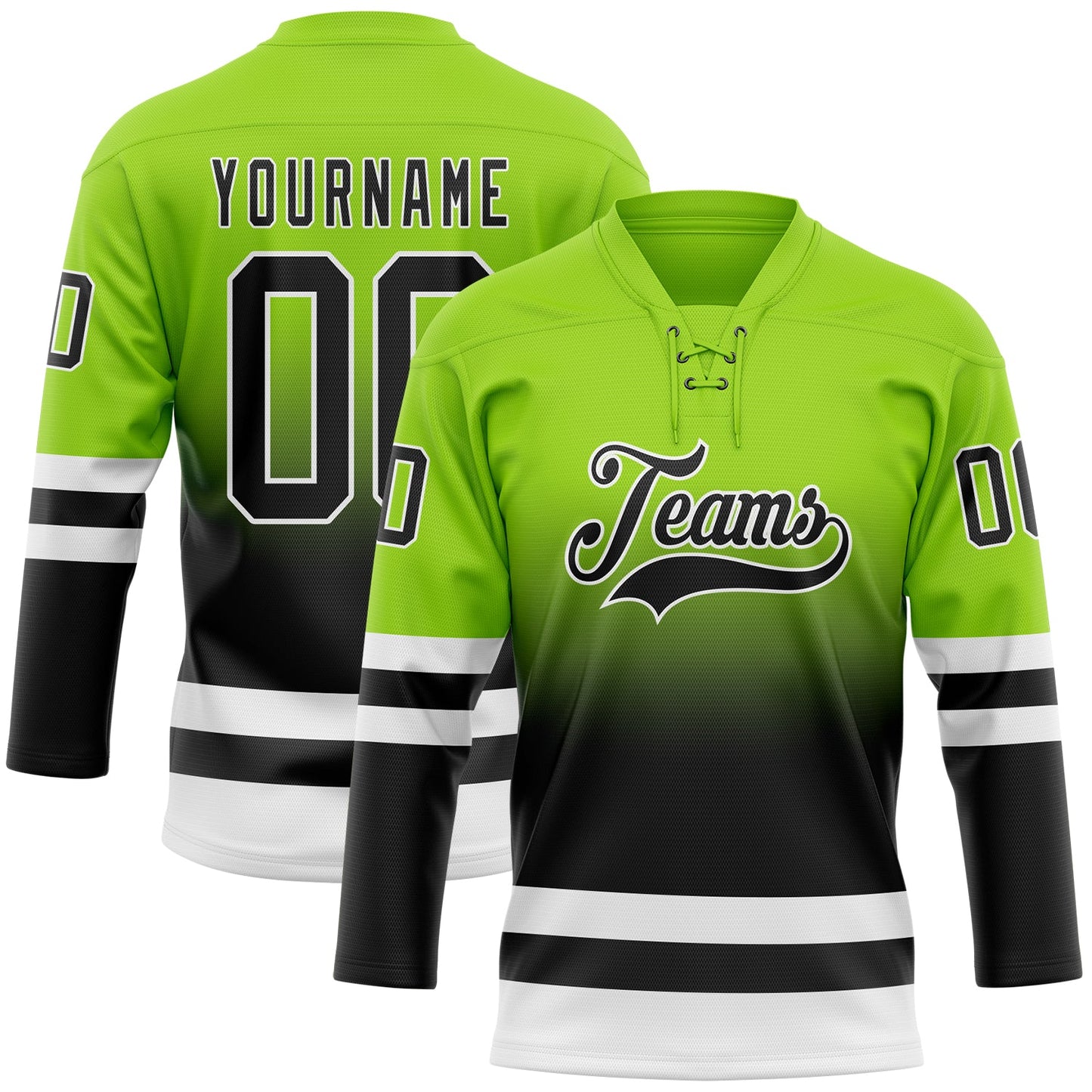 Custom Neon Green Black-White Fade Fashion Hockey Lace Neck Jersey - Main View