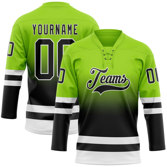 Custom Neon Green Black-White Fade Fashion Hockey Lace Neck Jersey - Main View