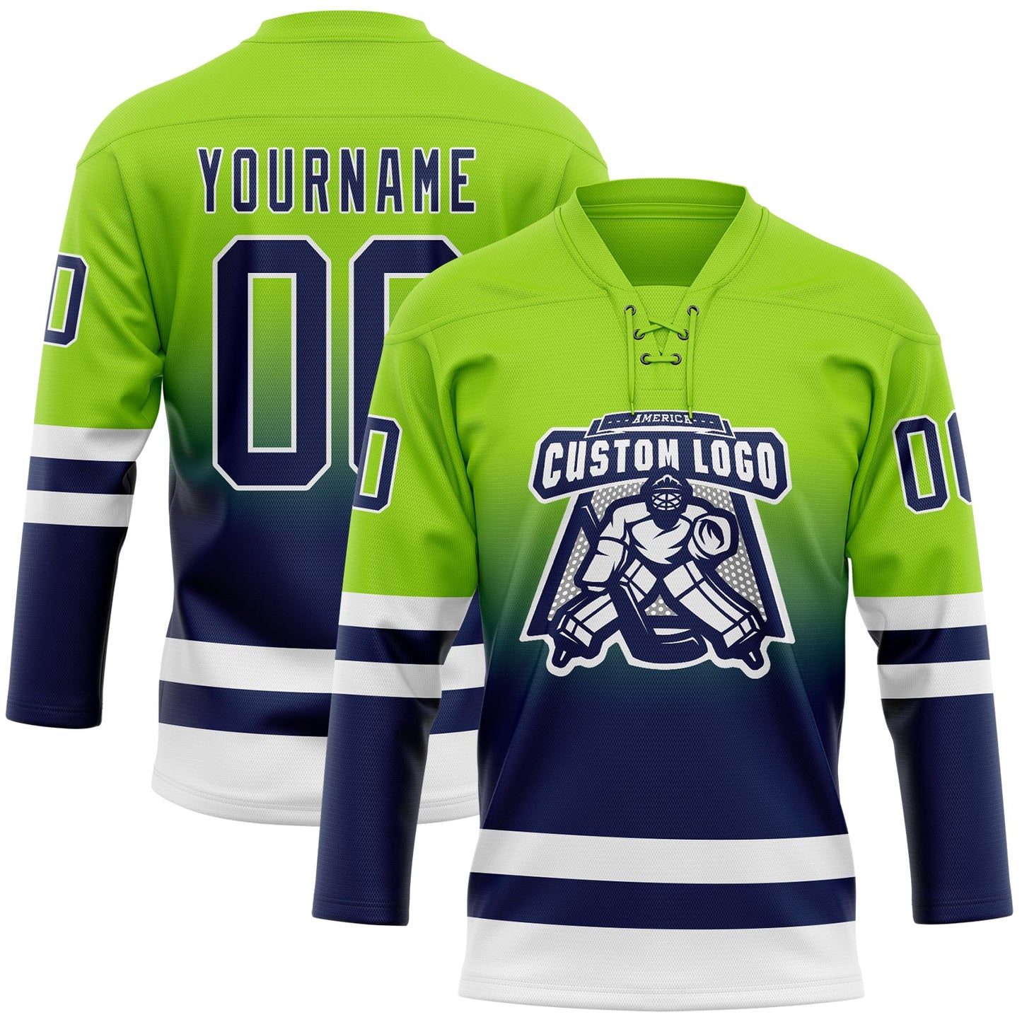 Custom Neon Green Navy-White Fade Fashion Hockey Lace Neck Jersey view 2
