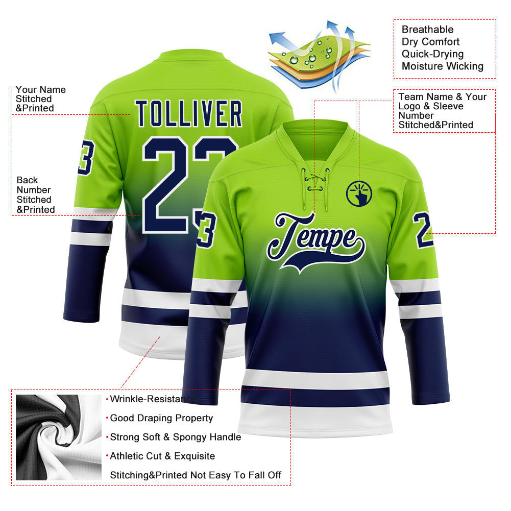 Custom Neon Green Navy-White Fade Fashion Hockey Lace Neck Jersey view 5