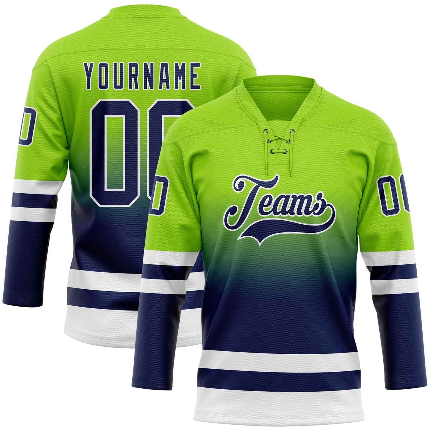 Custom Neon Green Navy-White Fade Fashion Hockey Lace Neck Jersey - Main View