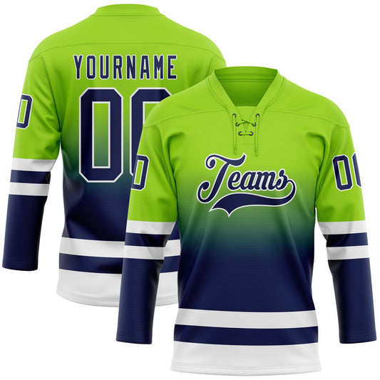 Custom Neon Green Navy-White Fade Fashion Hockey Lace Neck Jersey - Main View