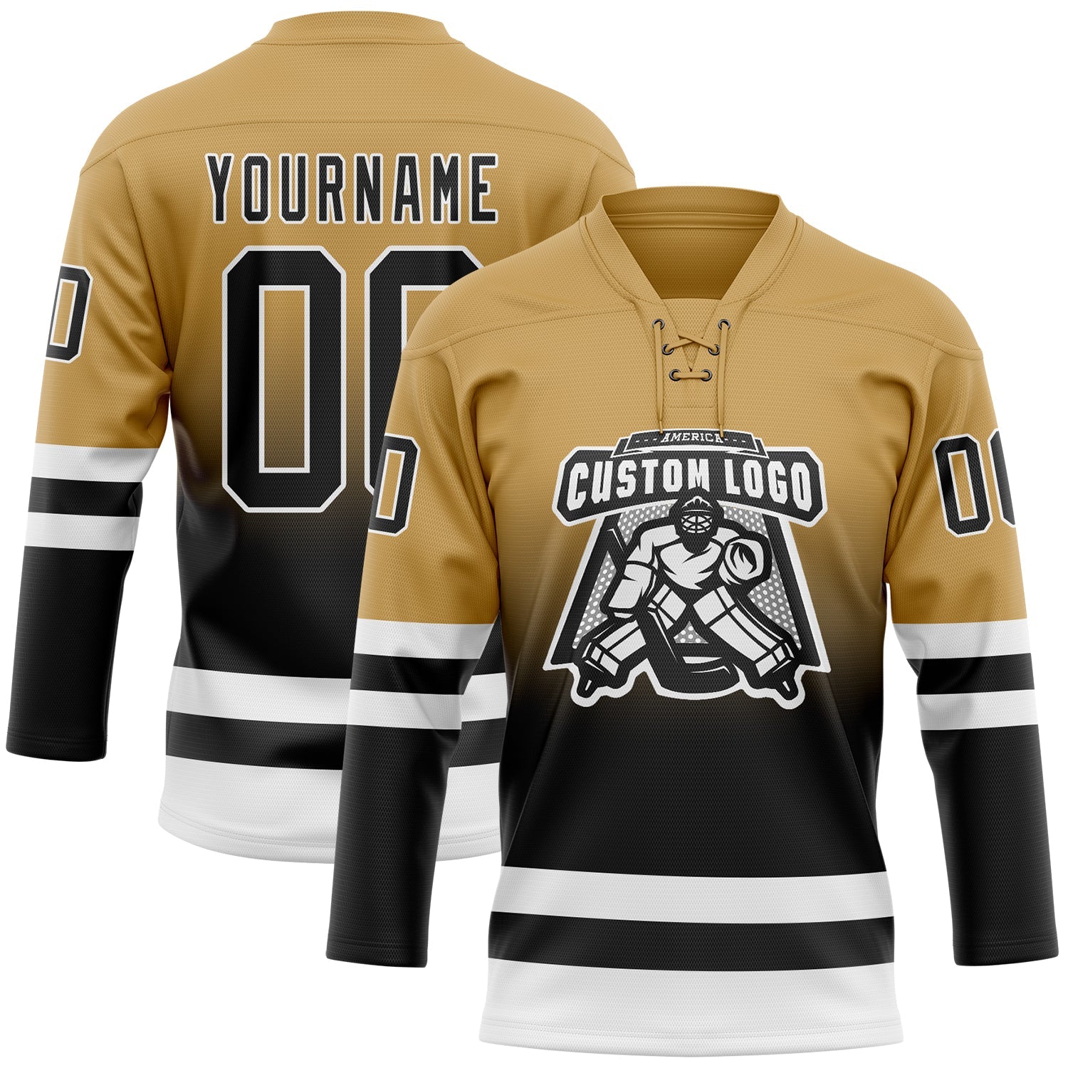 Custom Old Gold Black-White Fade Fashion Hockey Lace Neck Jersey view 2