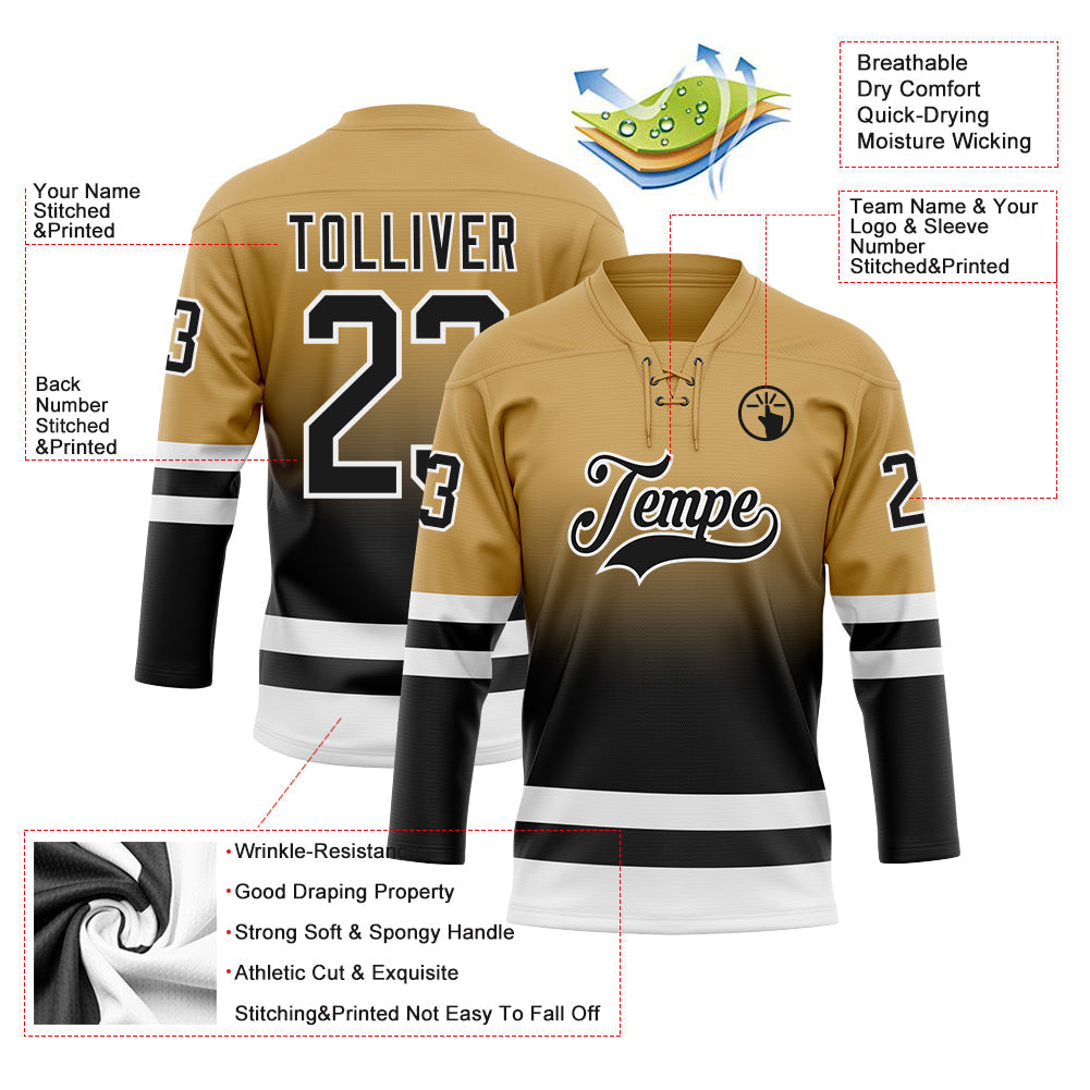 Custom Old Gold Black-White Fade Fashion Hockey Lace Neck Jersey view 5