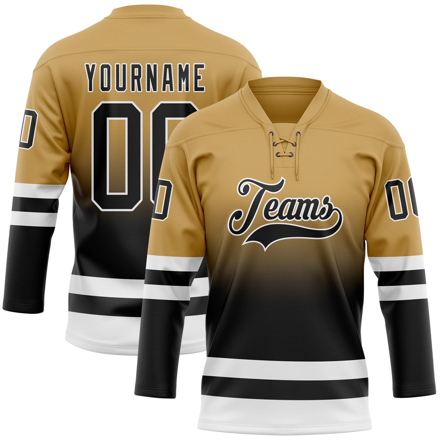 Custom Old Gold Black-White Fade Fashion Hockey Lace Neck Jersey - Main View
