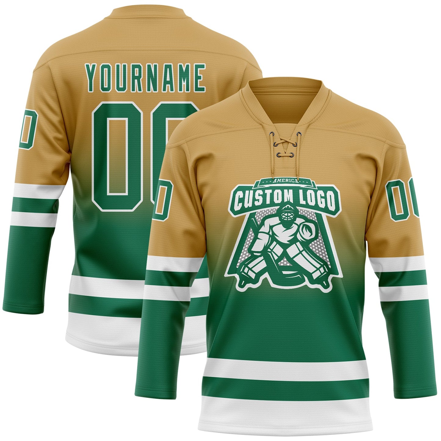 Custom Old Gold Kelly Green-White Fade Fashion Hockey Lace Neck Jersey view 2