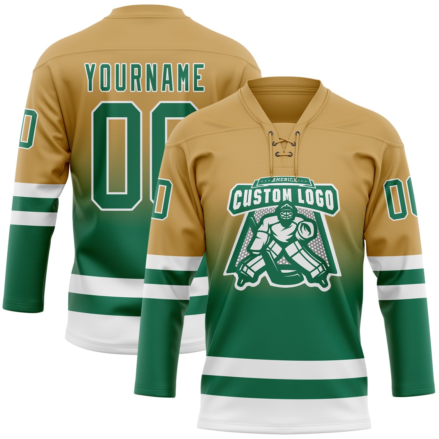 Custom Old Gold Kelly Green-White Fade Fashion Hockey Lace Neck Jersey view 2