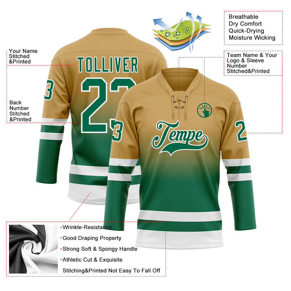 Custom Old Gold Kelly Green-White Fade Fashion Hockey Lace Neck Jersey view 5