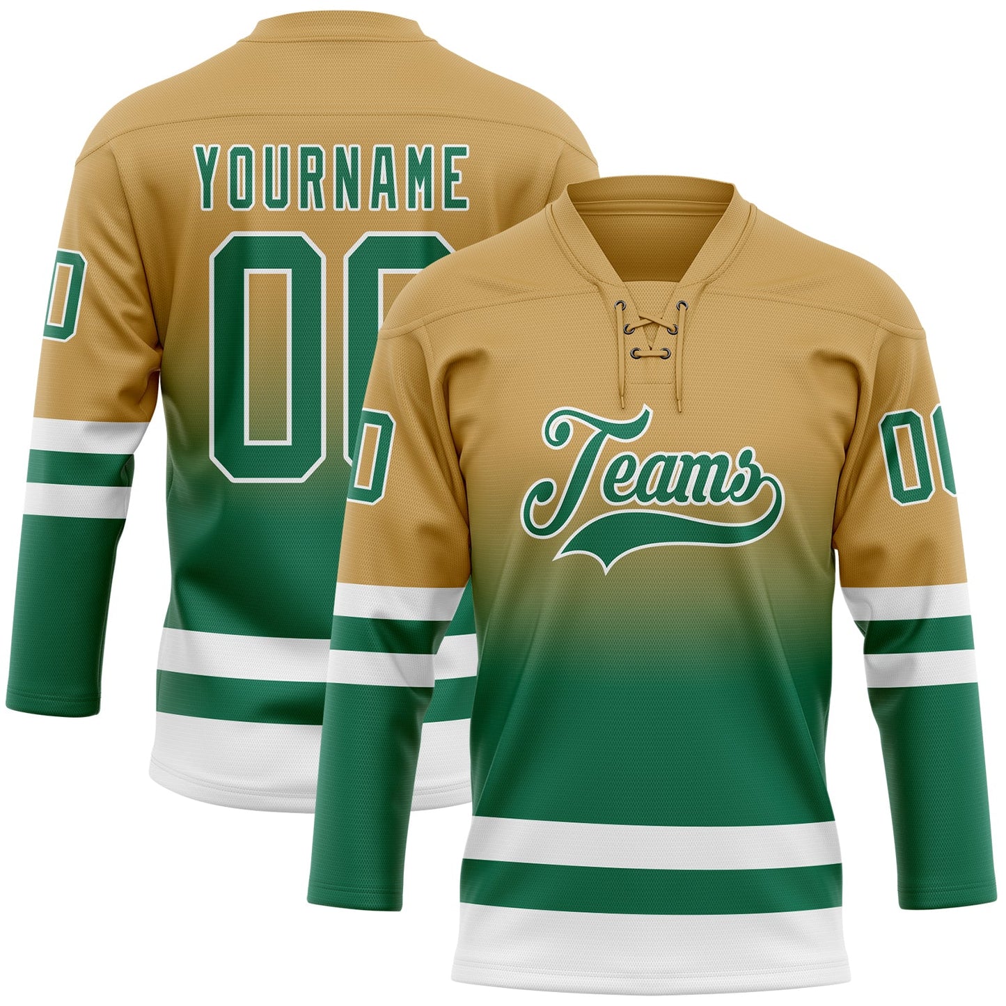 Custom Old Gold Kelly Green-White Fade Fashion Hockey Lace Neck Jersey - Main View