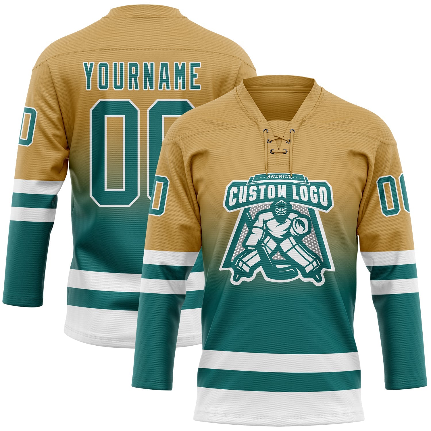 Custom Old Gold Teal-White Fade Fashion Hockey Lace Neck Jersey view 2