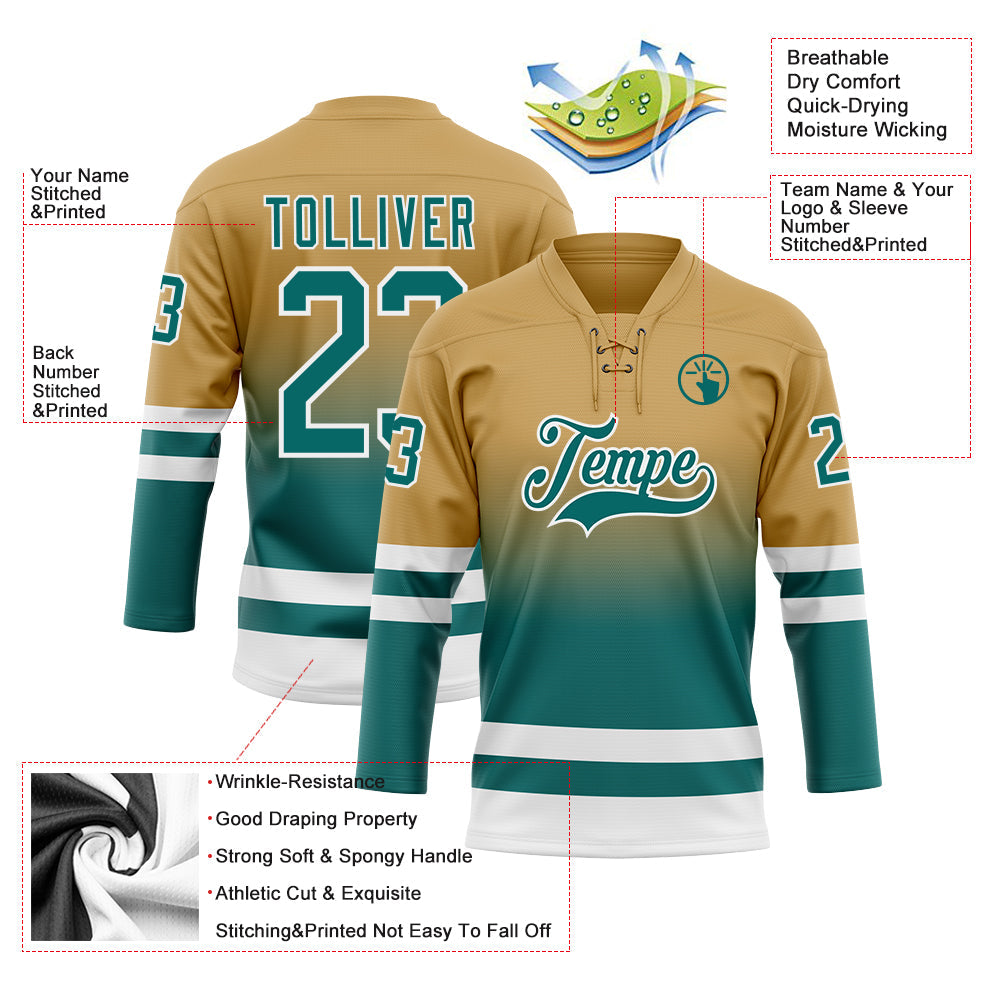 Custom Old Gold Teal-White Fade Fashion Hockey Lace Neck Jersey view 5