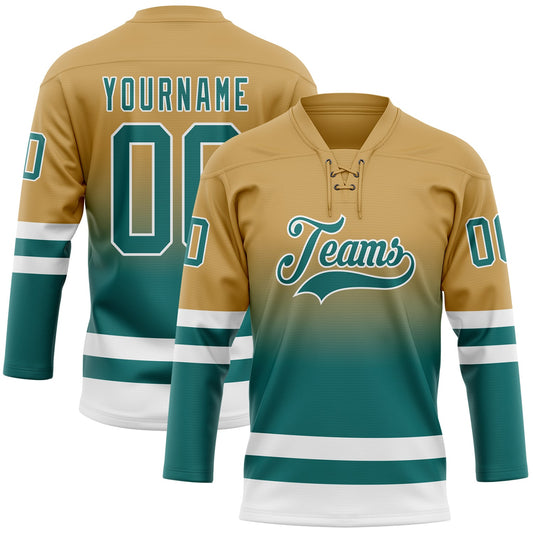 Custom Old Gold Teal-White Fade Fashion Hockey Lace Neck Jersey - Main View
