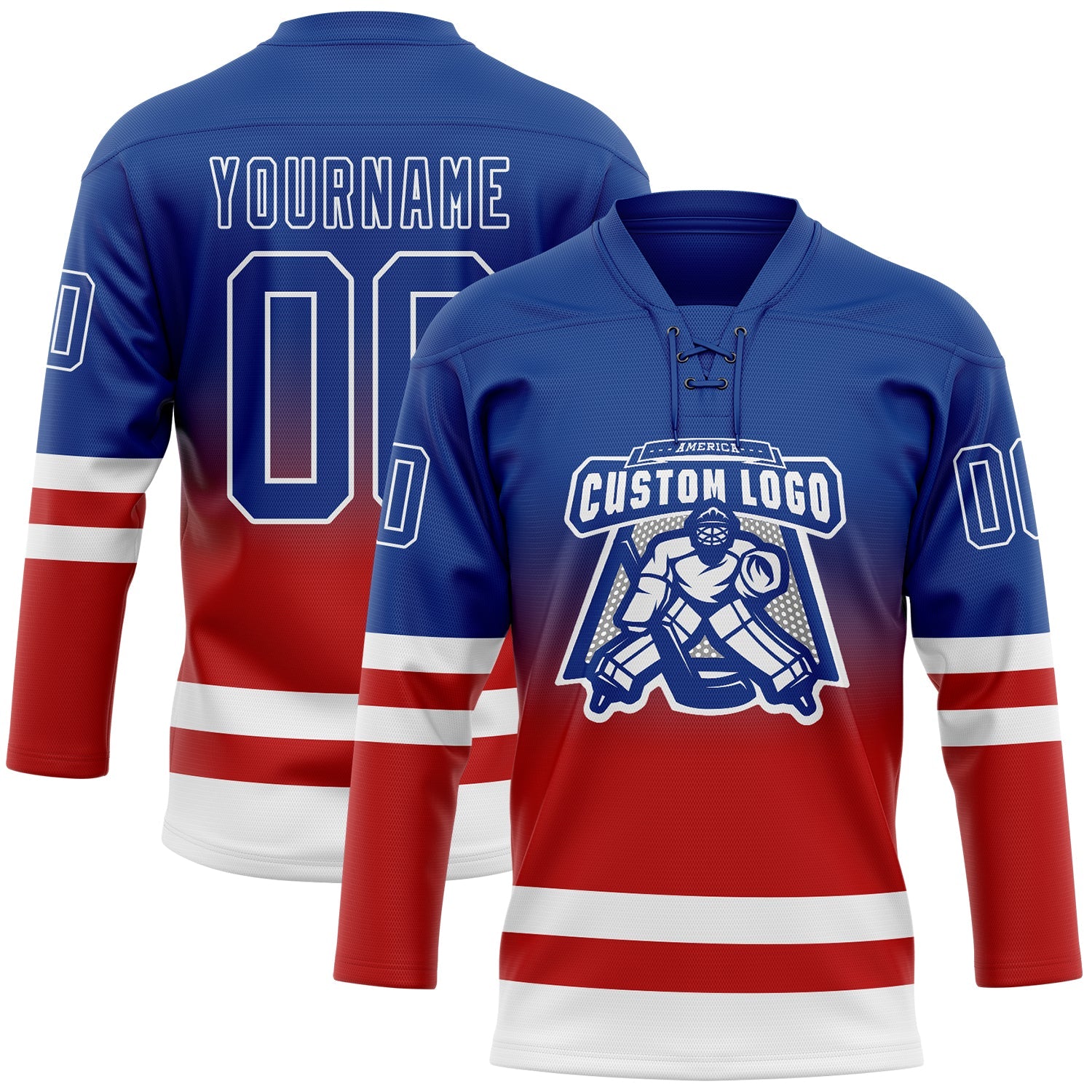 Custom Royal Red-White Fade Fashion Hockey Lace Neck Jersey view 2
