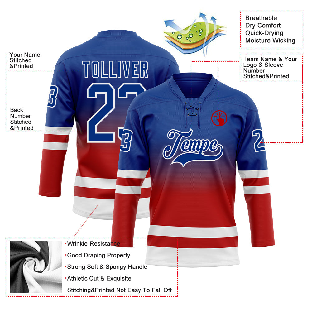 Custom Royal Red-White Fade Fashion Hockey Lace Neck Jersey view 5