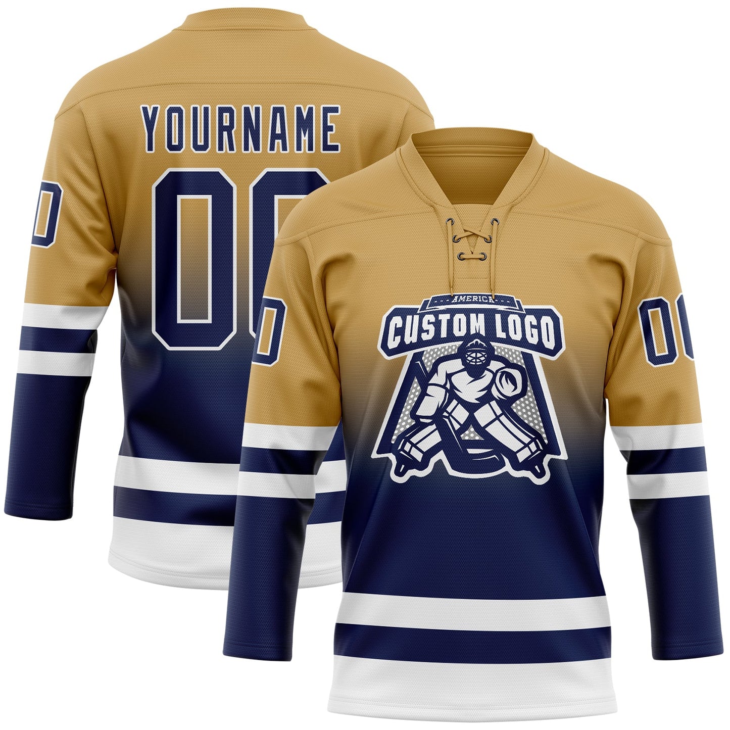Custom Old Gold Navy-White Fade Fashion Hockey Lace Neck Jersey view 2