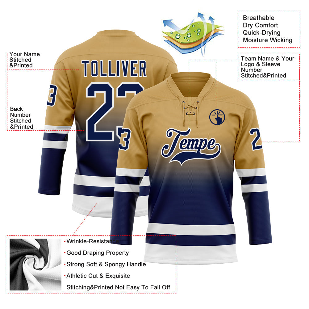 Custom Old Gold Navy-White Fade Fashion Hockey Lace Neck Jersey view 5
