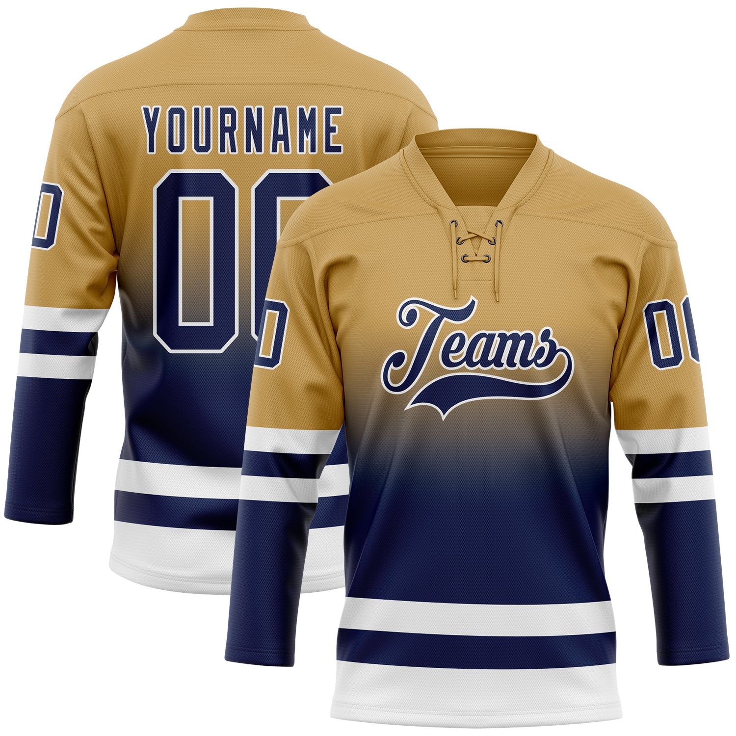 Custom Old Gold Navy-White Fade Fashion Hockey Lace Neck Jersey - Main View
