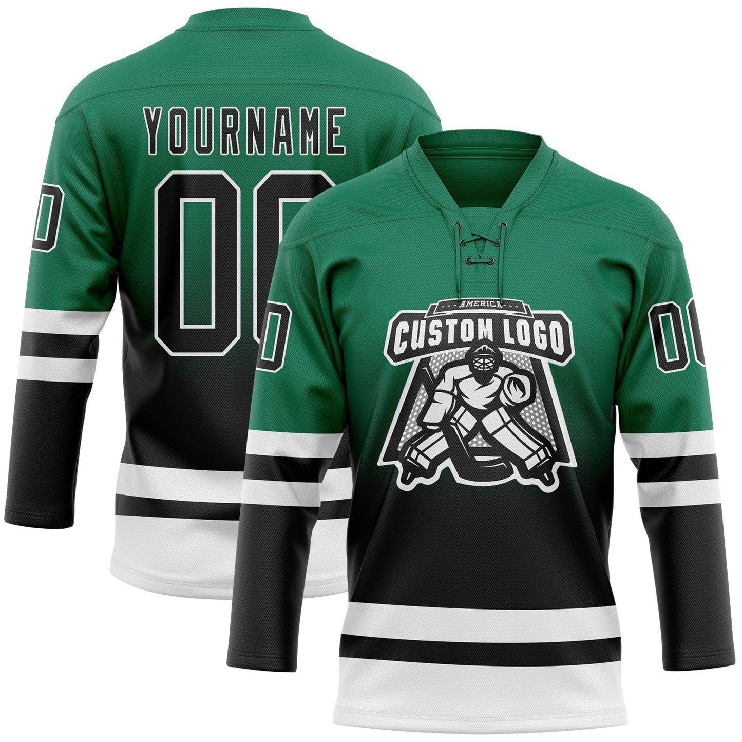 Custom Kelly Green Black-White Fade Fashion Hockey Lace Neck Jersey view 2