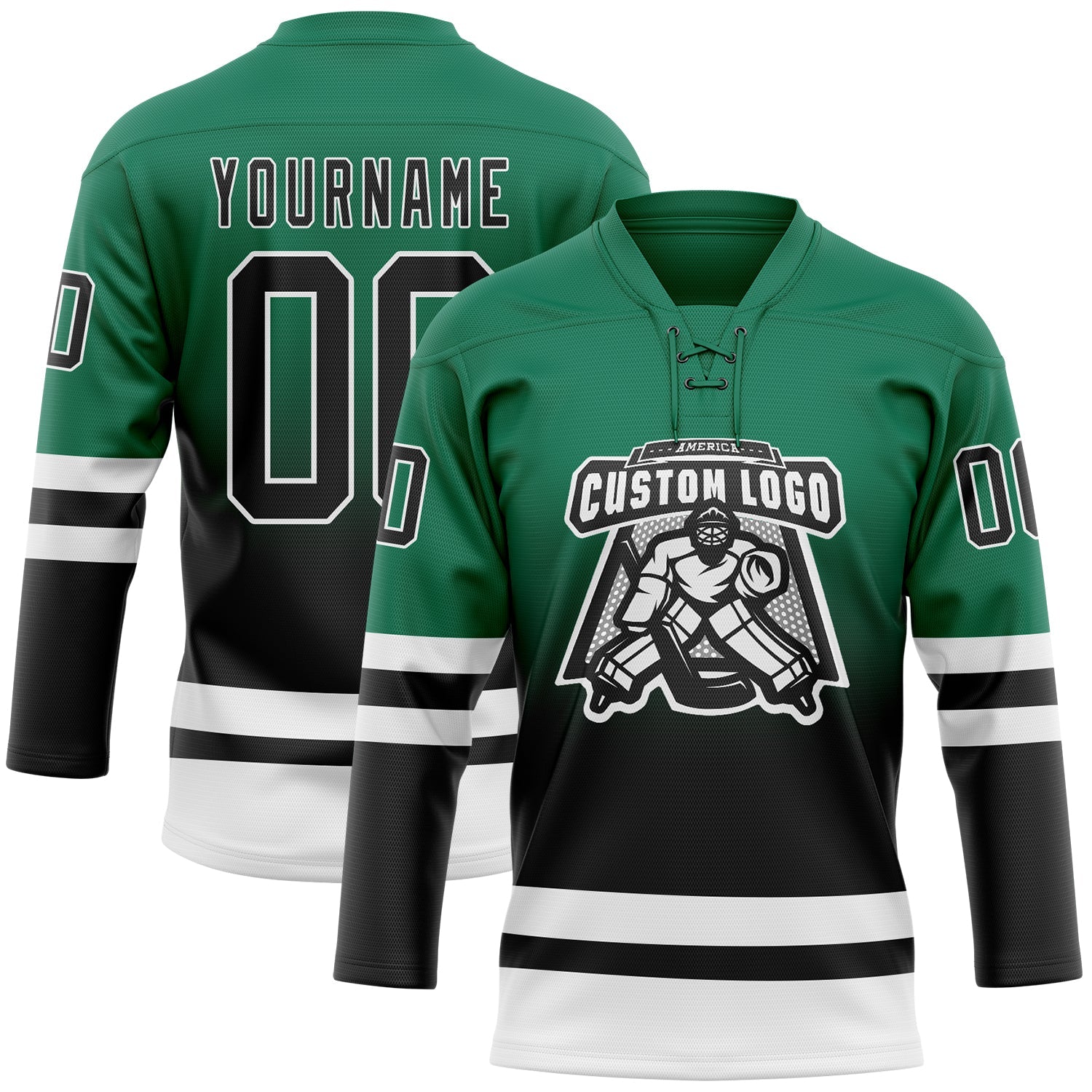 Custom Kelly Green Black-White Fade Fashion Hockey Lace Neck Jersey view 2