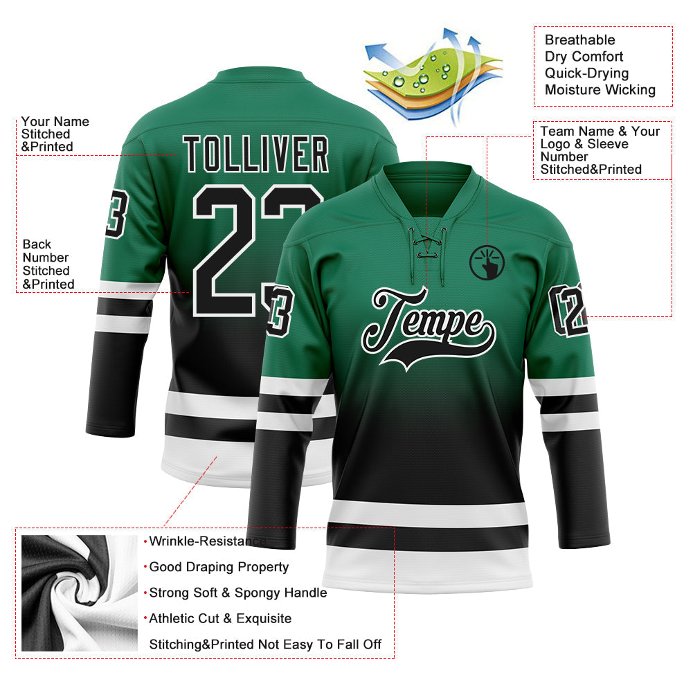 Custom Kelly Green Black-White Fade Fashion Hockey Lace Neck Jersey view 5