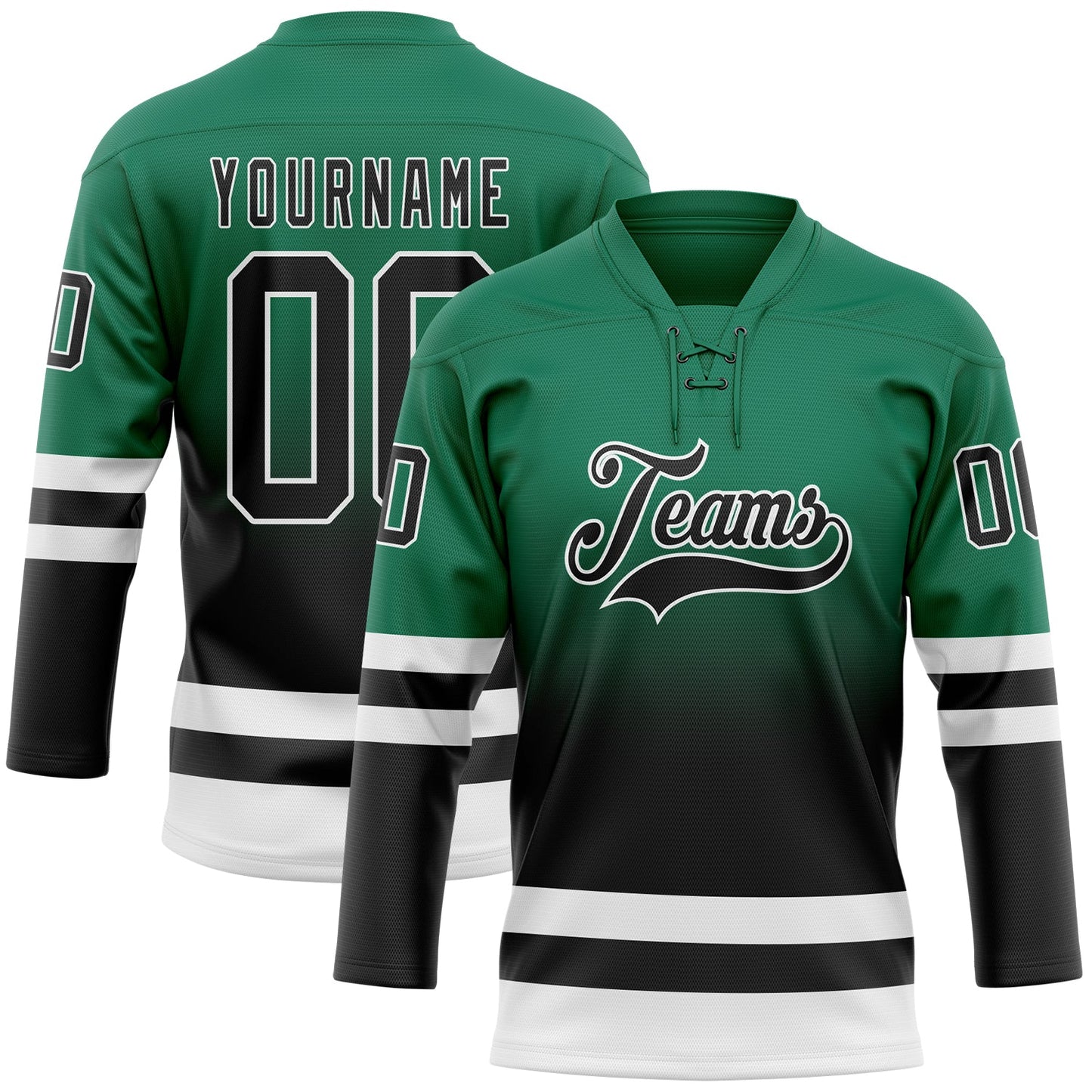 Custom Kelly Green Black-White Fade Fashion Hockey Lace Neck Jersey - Main View