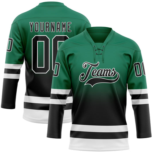 Custom Kelly Green Black-White Fade Fashion Hockey Lace Neck Jersey - Main View