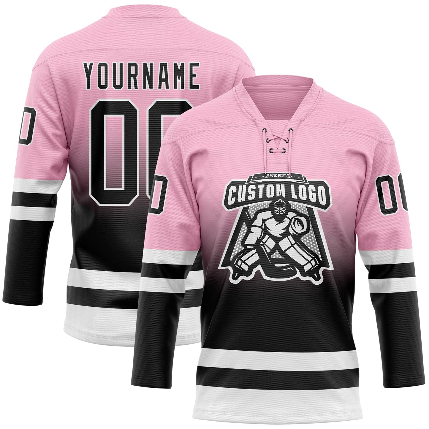 Custom Light Pink Black-White Fade Fashion Hockey Lace Neck Jersey view 2