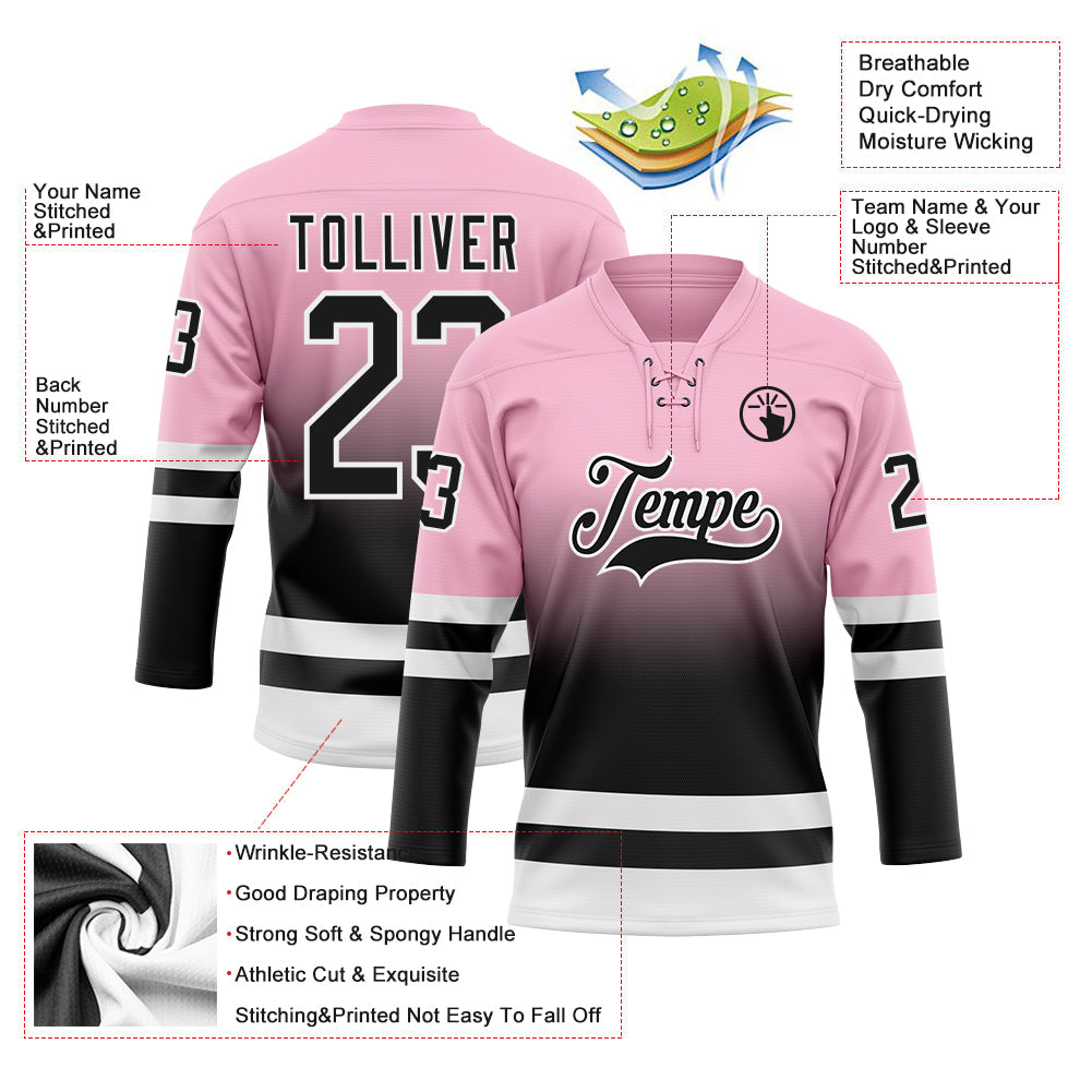 Custom Light Pink Black-White Fade Fashion Hockey Lace Neck Jersey view 5