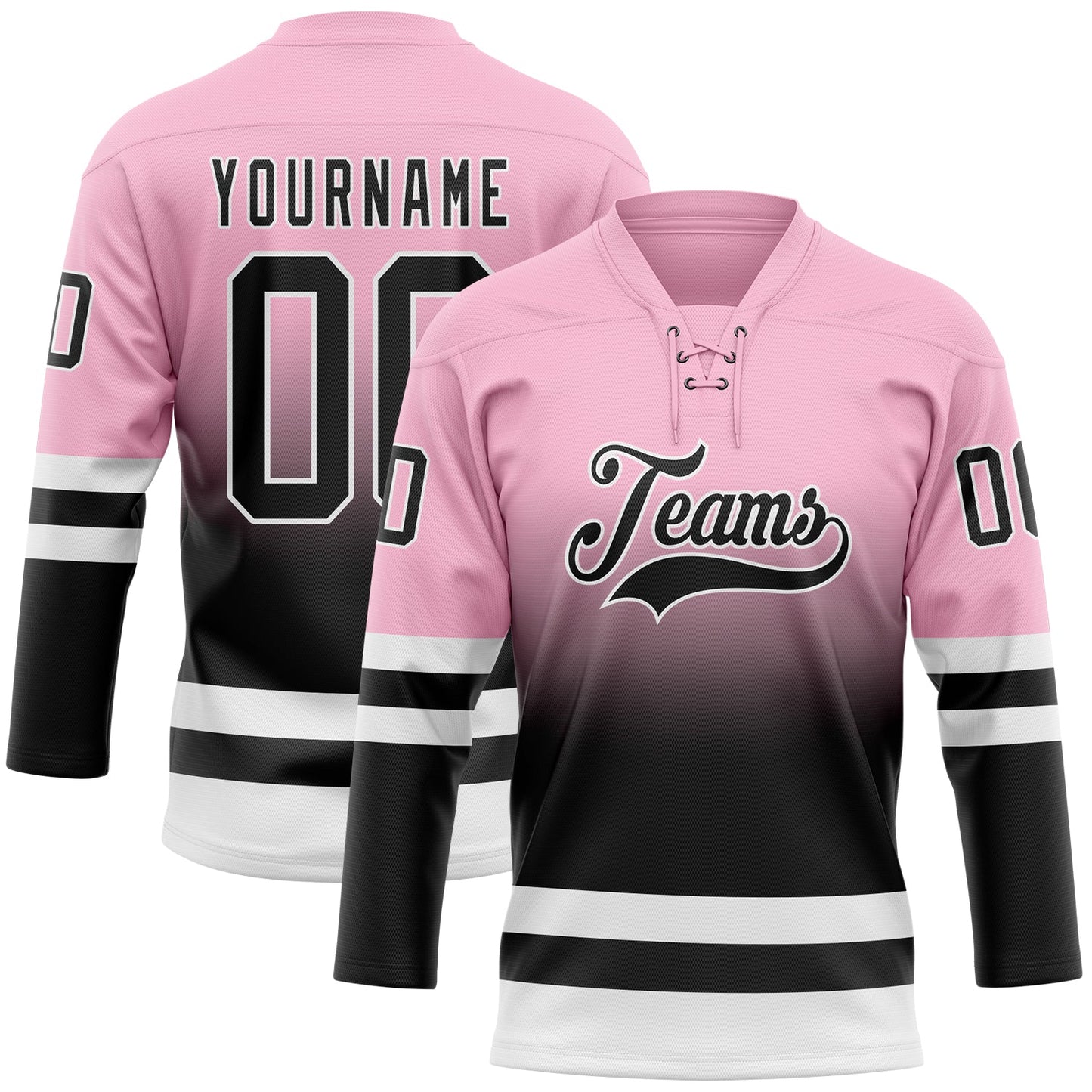 Custom Light Pink Black-White Fade Fashion Hockey Lace Neck Jersey - Main View