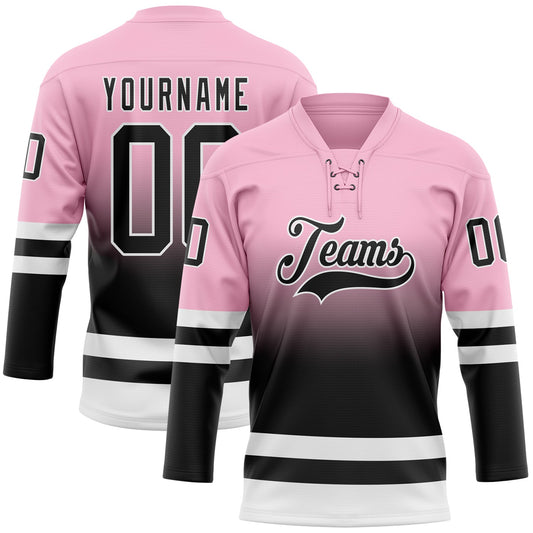 Custom Light Pink Black-White Fade Fashion Hockey Lace Neck Jersey - Main View