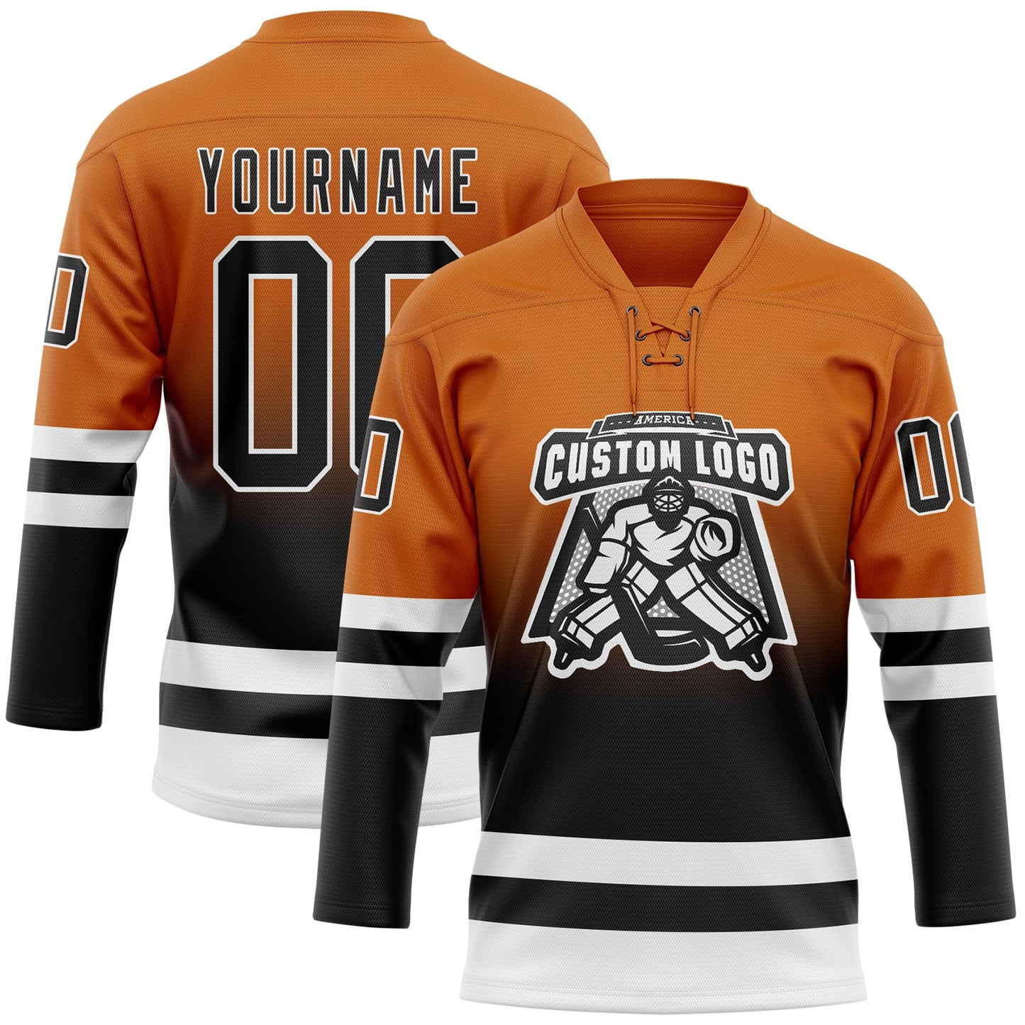 Custom Texas Orange Black-White Fade Fashion Hockey Lace Neck Jersey view 2